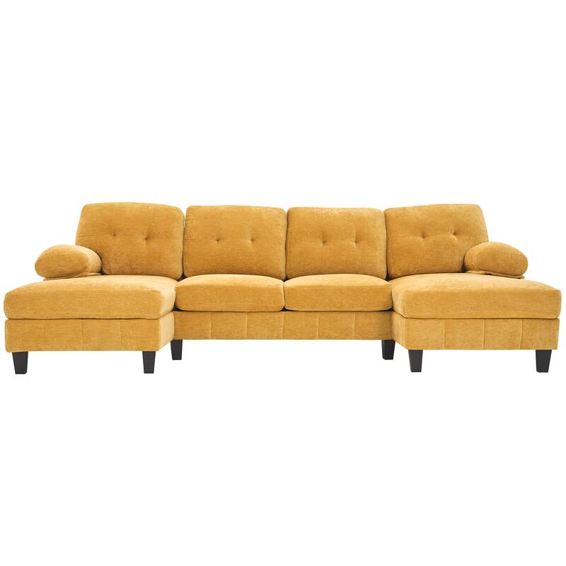 103.5" Chenille Fabric Couch U-Shaped Sectional Sofa with Dual Chaise Lounges, Storage Pockets and Armrest Pillows