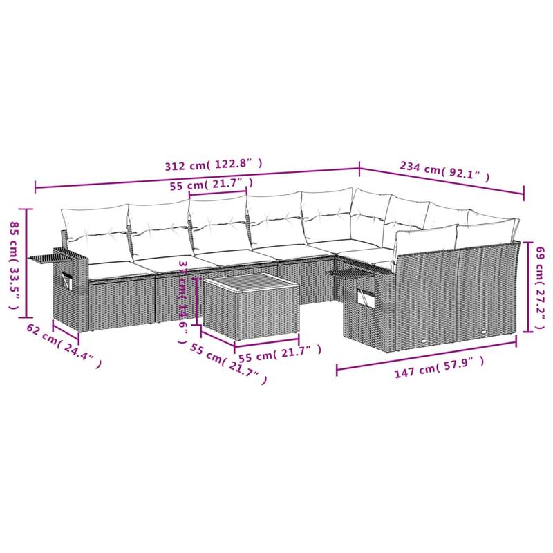 vidaXL 10 Piece Patio Sofa Set with Cushions Black Poly Rattan - 24.4" x 24.4" x 27.2"