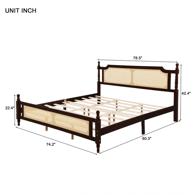King Pine wooden Bed with Rattan Headboard and Footboard, with Central Enhanced Bed Platform