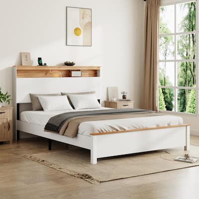 Classic White Low Profile Bed Rustic Farmhouse Platform Bed Frame with Storage Headboard Built-in Charging Station, Touch Light