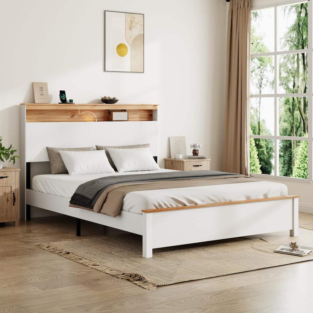Wood Platform Bed Frame with LED Light Headboard, USB & Type-C Ports, Noise-Free Design, Metal Slats Support, Antique White
