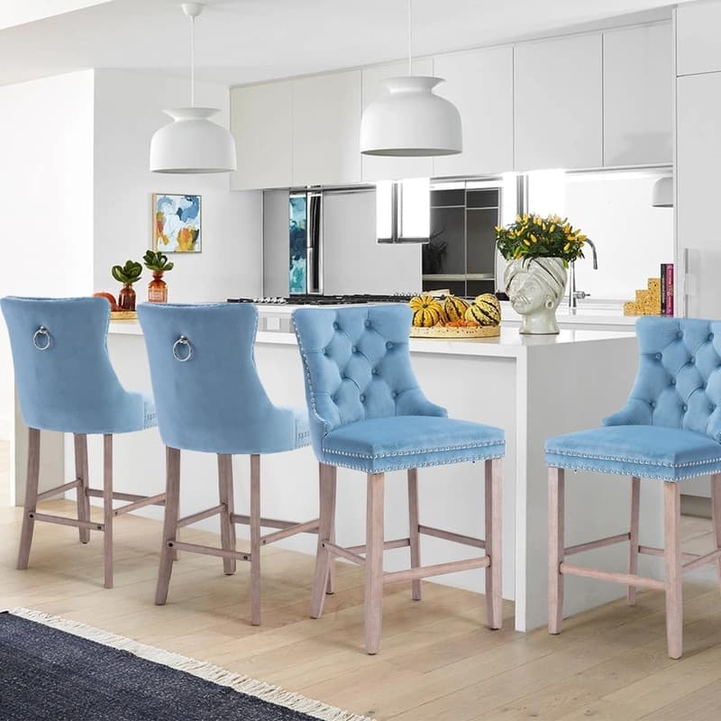Wing Back Velvet Tufted Nailhead Barstools(Set of 4) - LightBlue Velvet