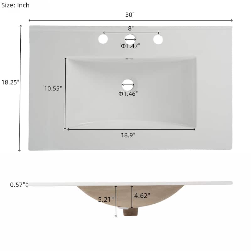 30"Bathroom Vanity with Ceramic Sink, Tempered Blurred Glass and Matte Black Handles, Large Storage Space and Rubber Wood Frame