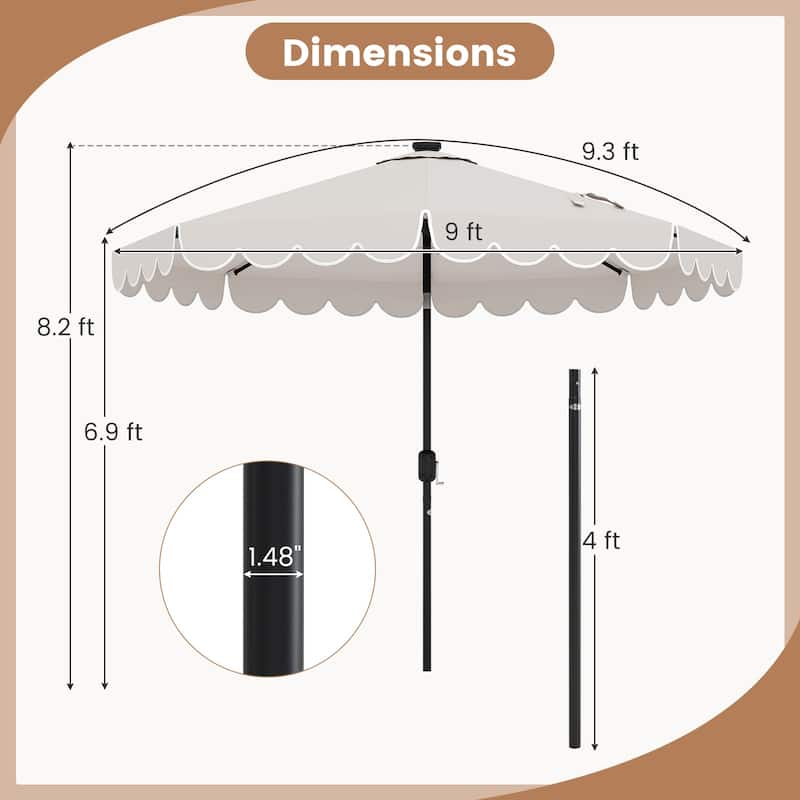 9.3 FT Outdoor Patio Polyester Umbrella with Solar LED Lights and Tilt Crank Metal Frame for Garden Deck