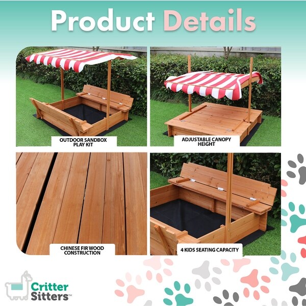 Critter Sitters Children's Wooden Sand Box with 2 Foldable Benches