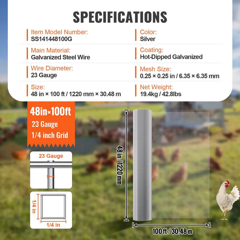 Hardware Cloth, Hot Dipped Galvanized Wire Mesh Roll, Chicken Wire Fencing, Wire Mesh for Rabbit Cages, Garden - Silver