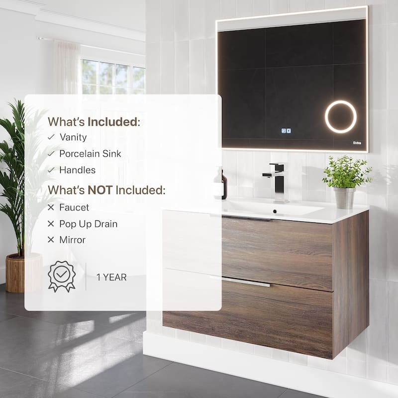 Marina 32 in. Wenge Wall MountSingle Sink Bath Vanity with Porcelain Top and Integrated Sink