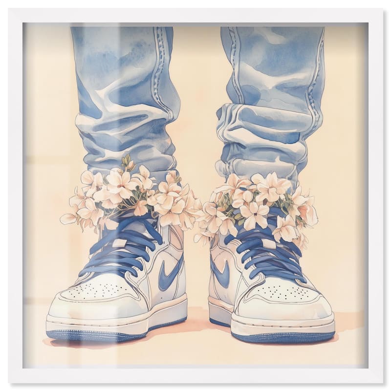 Gentle Blue Sneakers and Flowers Shadowbox by Art Remedy - White - 12" x 12"
