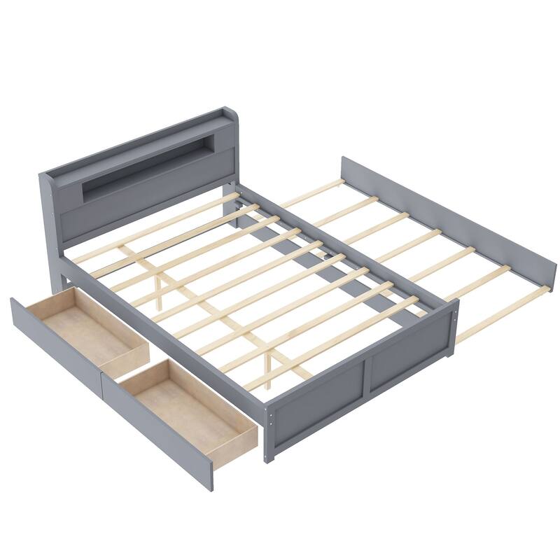 Queen Size Platform Bed with LED Headboard, Trundle & Drawers