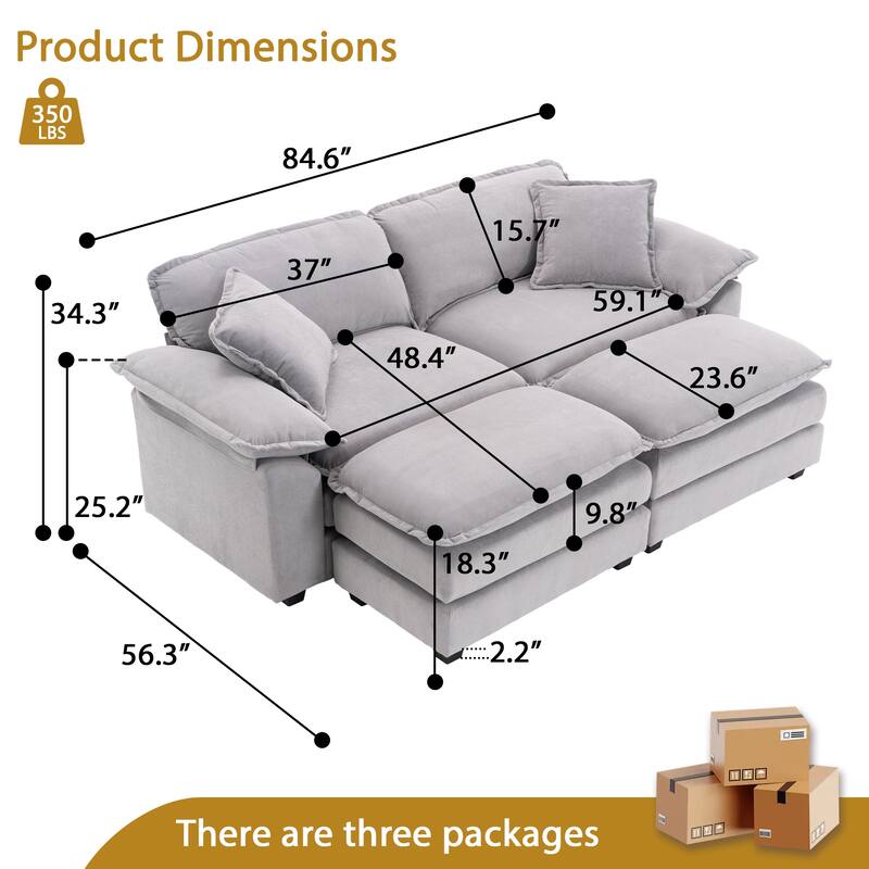 2-seater sofa with 2 cushions, 2 pillows and 2 ottomans, comfortable sofa - Living room deep sofa, modular sofa