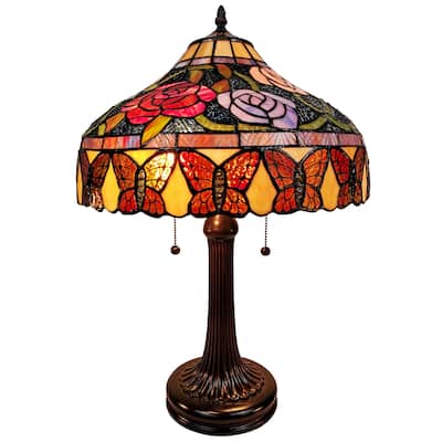 Tiffany Style Table Lamp 23" Tall Stained Glass Red Floral Flower Vintage Light Decor Handmade Gift Amora Lighting