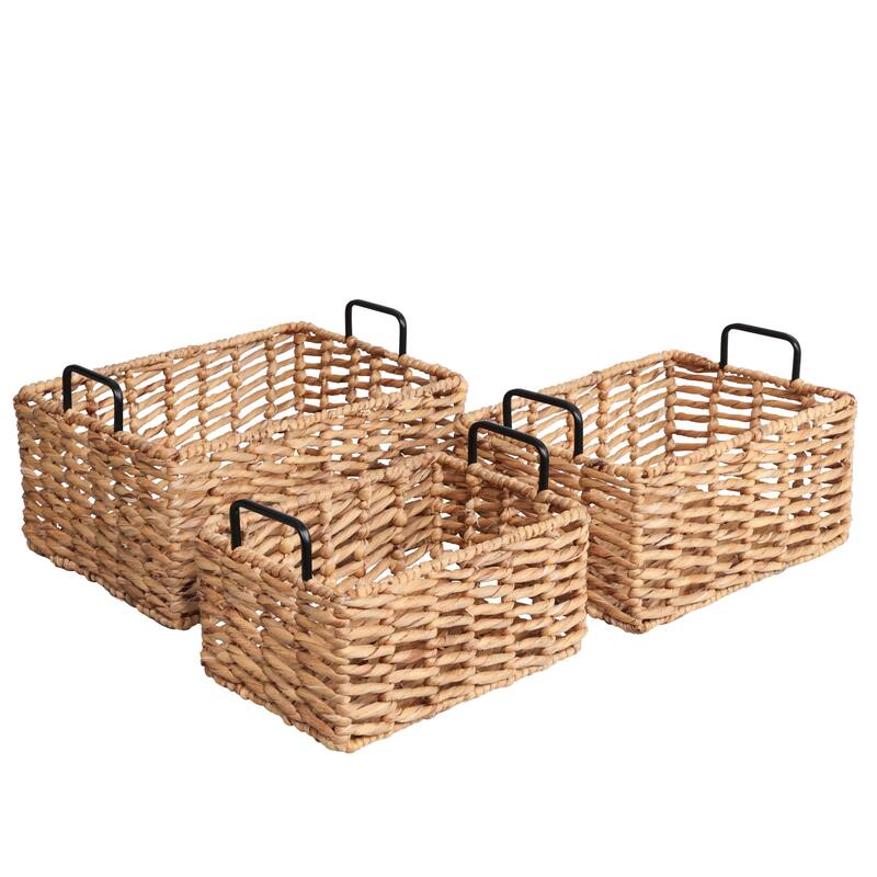 Savoy Handwoven Water Hyacinth Nesting Storage Baskets, Metal Handles (Set of 3) - Natural