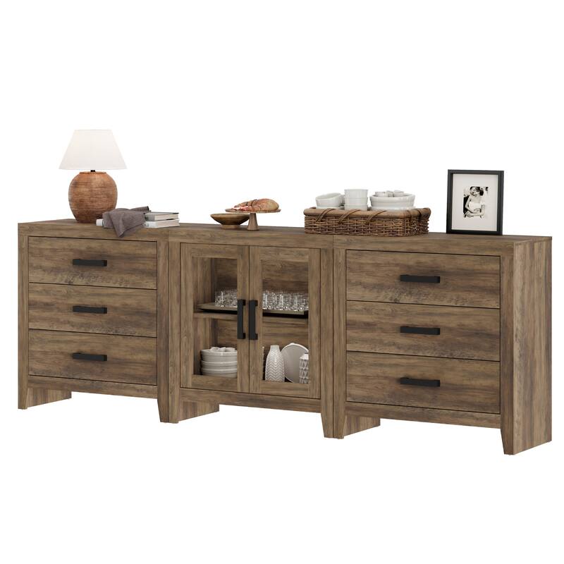 WAMPAT Farmhouse Buffet Cabinet with Glass Doors and Drawers, 3-Piece Modular Sideboard