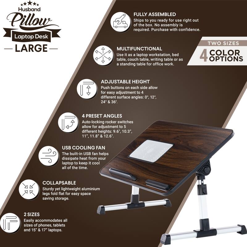 Husband Pillow - Lap Desk Large Wood Top - Fits Up to 17" Laptop - with Dual Cushion, Multifunctional Slot for Tablet