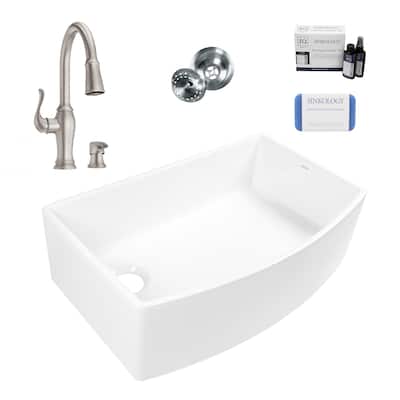 Austen Crisp White Fireclay 33" Farmhouse Apron Front Bow Front Single Bowl Kitchen Sink with Maren Stainless Faucet Kit