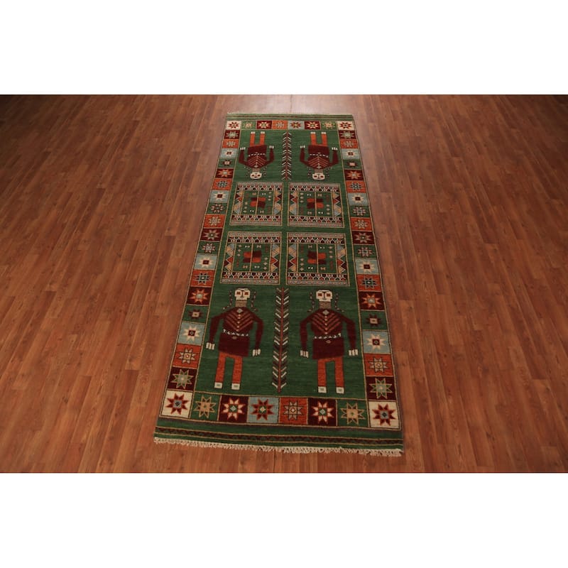Tribal Green Kazak Indian Runner Rug Hand-Knotted Wool Carpet - 3'11"x 9'10"