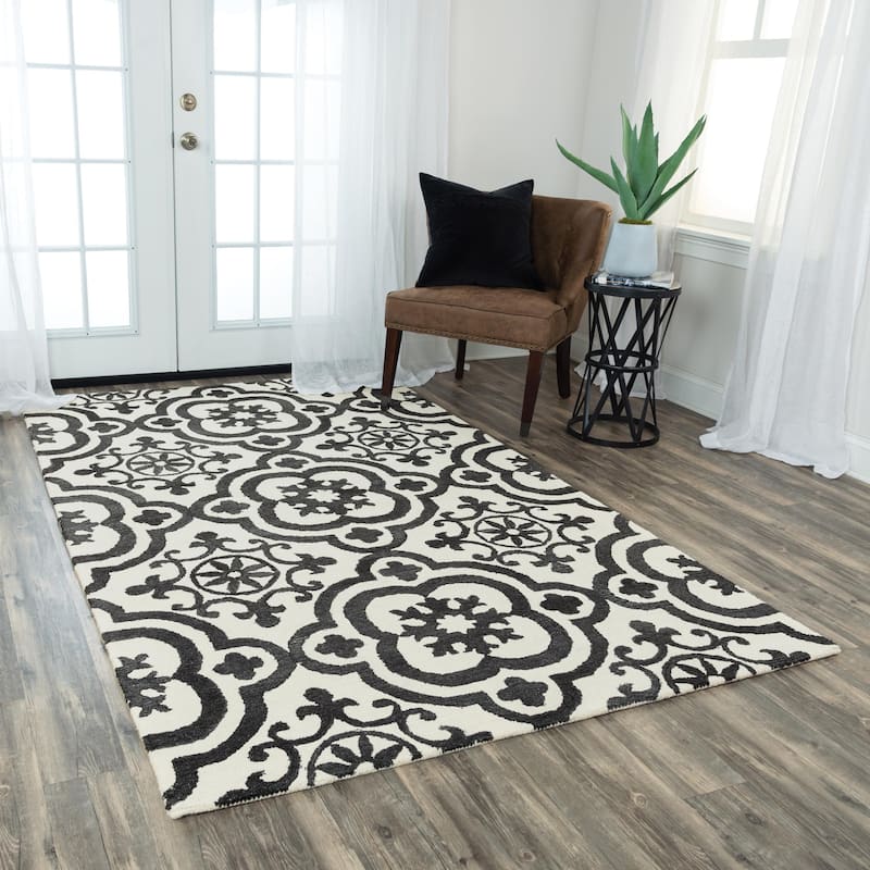 Alora Decor Neo Ivory and Black Hand-tufted Wool Blend Rug - 8'6" x 11'6" - Ivory