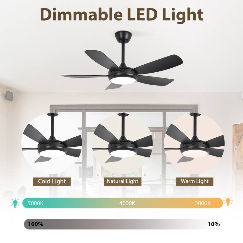 42" Modern Black Stepless Dimming LED Easy Installation 5-Blades Ceiling Fan with Light and Remote