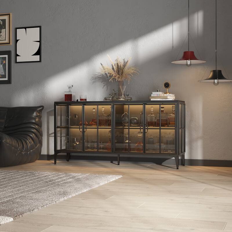 63" Black Glass Door Sideboard Cabinet with LED Lights, Metal Frame Storage Buffet Cabinet Wine Cabinet