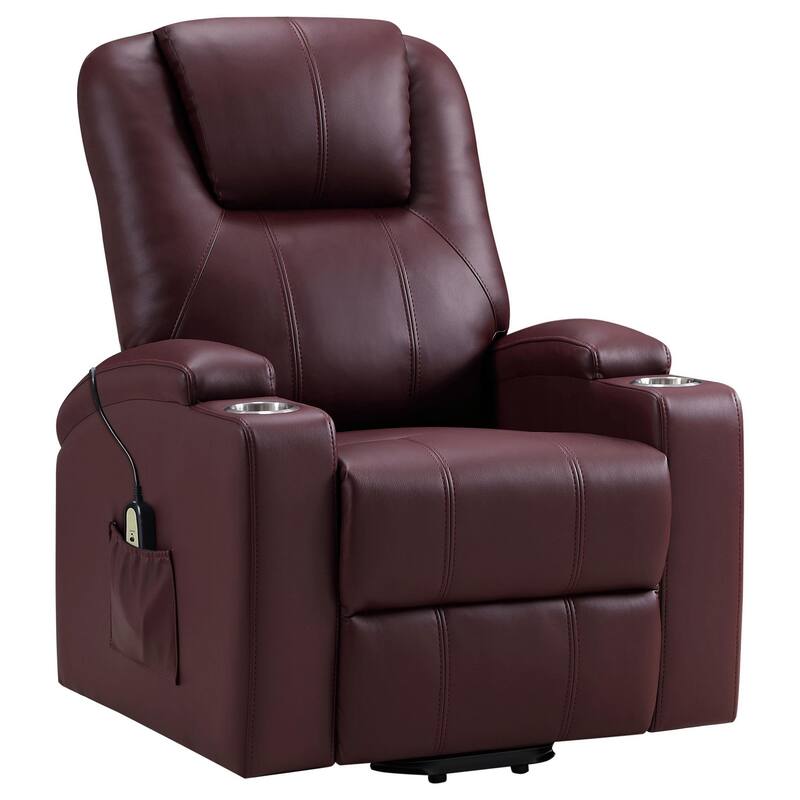 Stoy Power Lift Recliner Chair, Massage, 36 Inch Wine Red Faux Leather