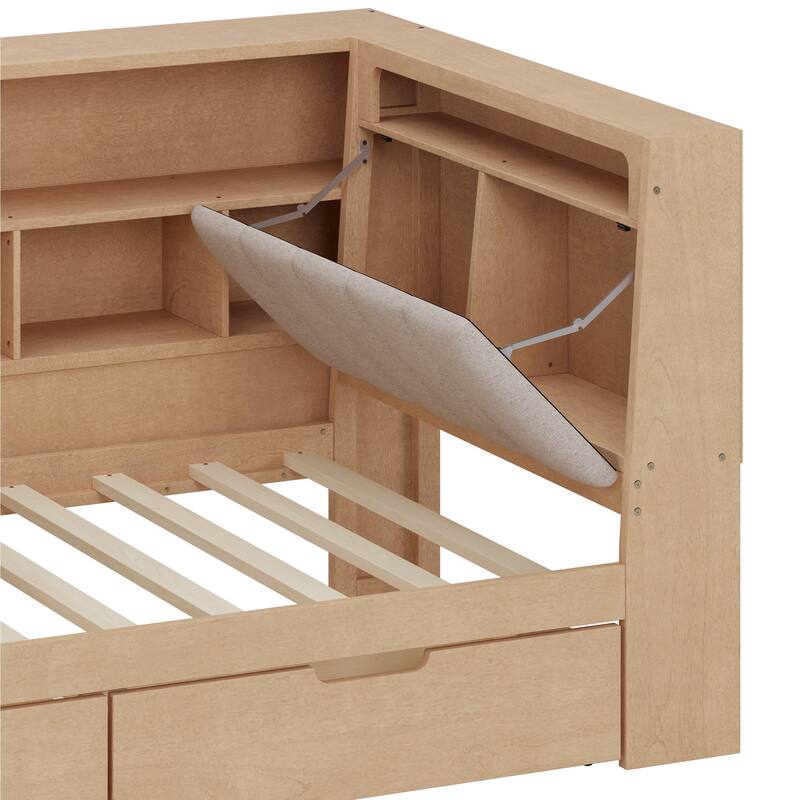 L-shaped Bookcase Daybed Wooden Corner Bed Twin Size Bed Built-in Work Desk, Hidden Headboard Storage, Under-bed Drawers, LED