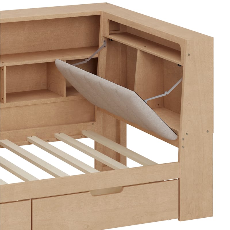 Wood Daybed L-shaped Bookcase Bed with Under-Bed Drawers and Side Bookshelf, Platform Daybed with Desk and Padded Headboard