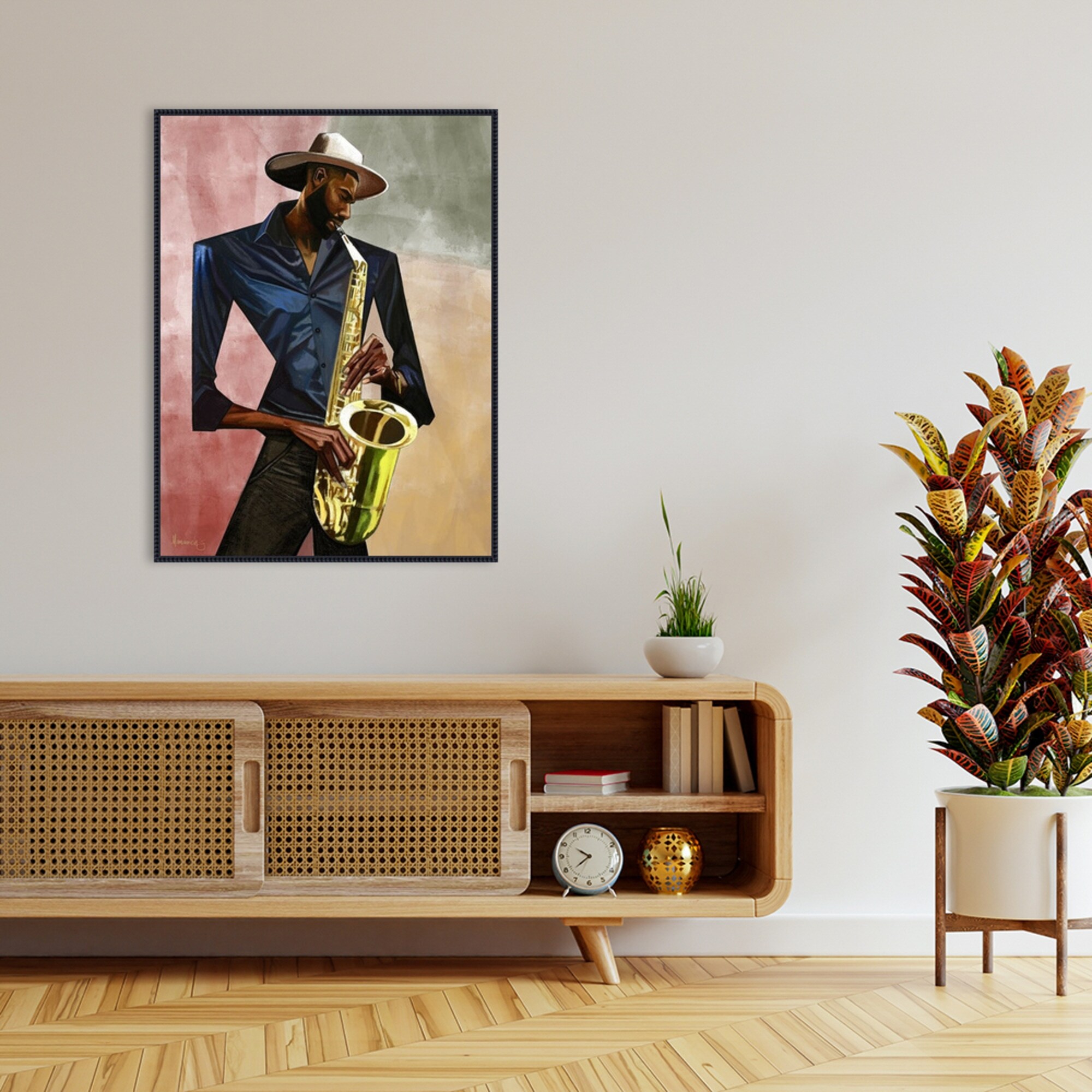 Sax Player by Manasseh Johnson sr Framed Canvas Wall Art Print