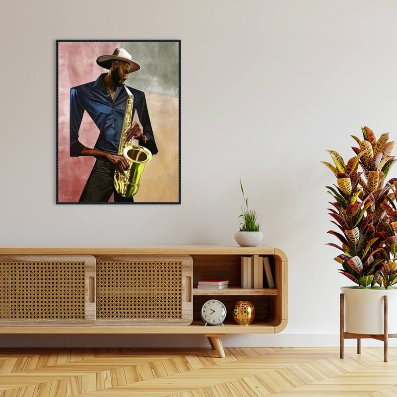Sax Player by Manasseh Johnson sr Framed Canvas Wall Art Print - Sylvie Beaded Black