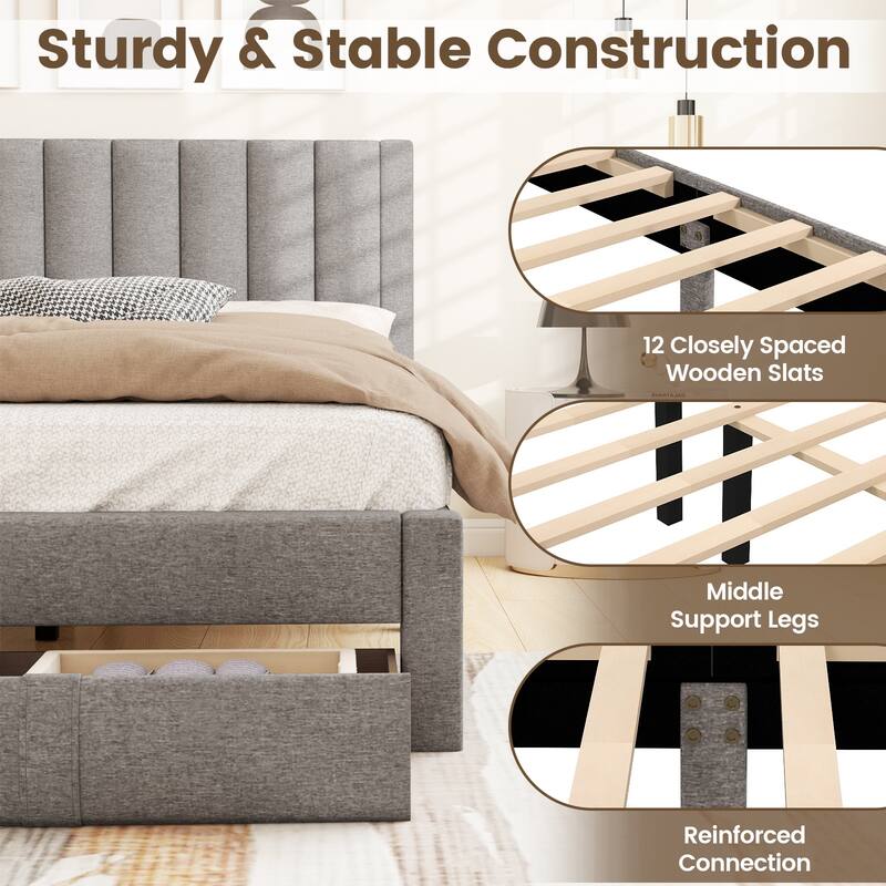 Gymax Queen Size Bed Frame w/Storage Drawer & Vertical Channel