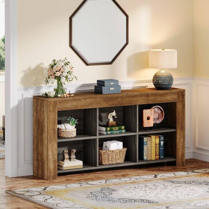 Sofa Console Table Behind Couch, Industrial 6 Storage Cubes - Light Brown