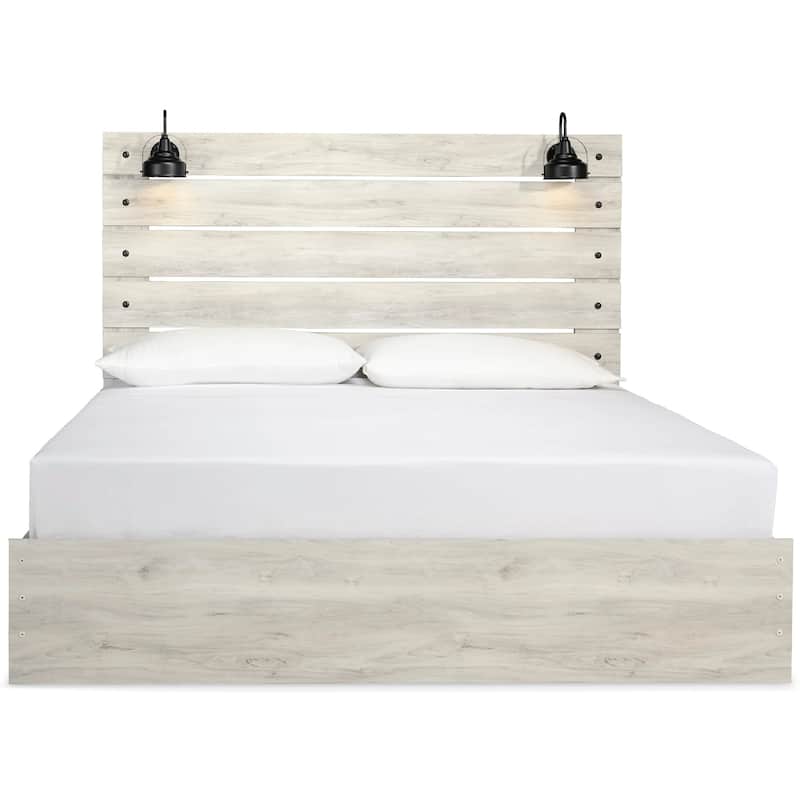 Cemy King Size Bed, Open Slat Headboard w 2 Sconce Lights Whitewash