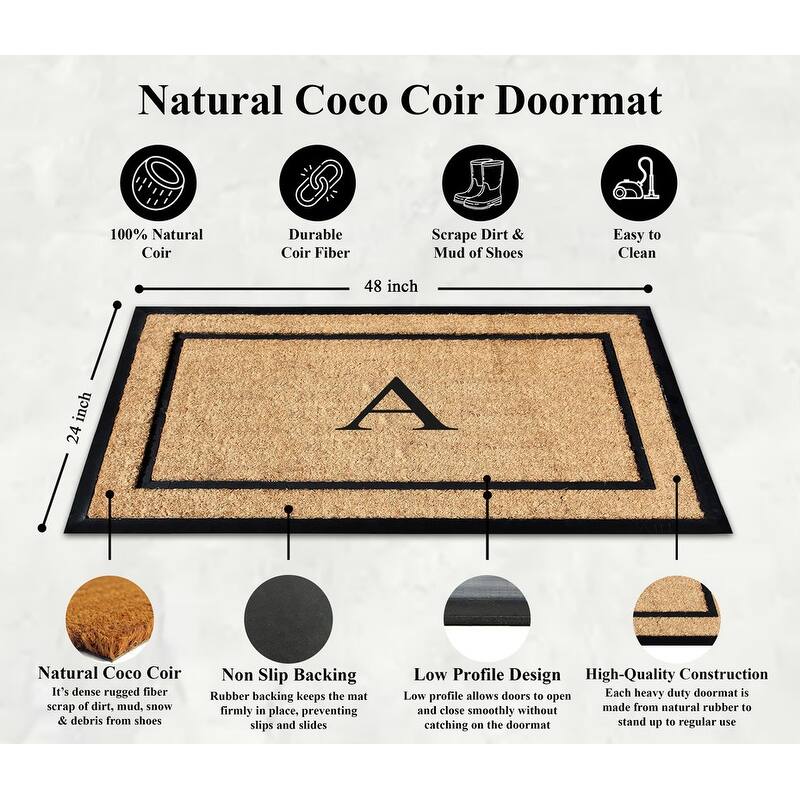 A1HC Natural Coir Monogrammed Door Mat for Front Door, Durable Large Outdoor Rug, Heavy Duty Welcome Doormat - 24" X 48"