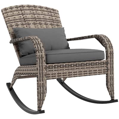 Outdoor Wicker Adirondack Rocking Chair, Patio Rattan Rocker Chair with High Back, Seat Cushion & Pillow for Garden, Porch