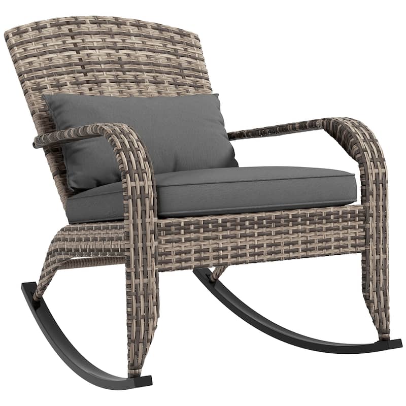 Outsunny Outdoor Wicker Adirondack Rocking Chair, Patio Rattan Rocker Chair with High Back, Seat Cushion, and Pillow for Garden