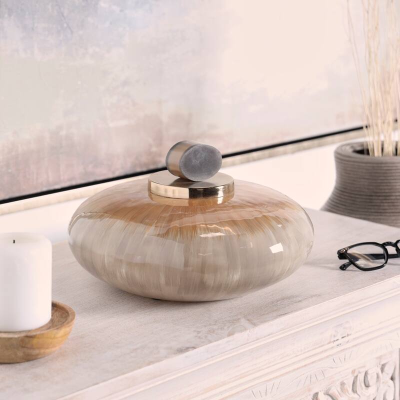 Beige Glass Ombre Geometric Decorative Jars with Peach Accents and Gray Marble Top - 11.70 x 11.65 x 8.05