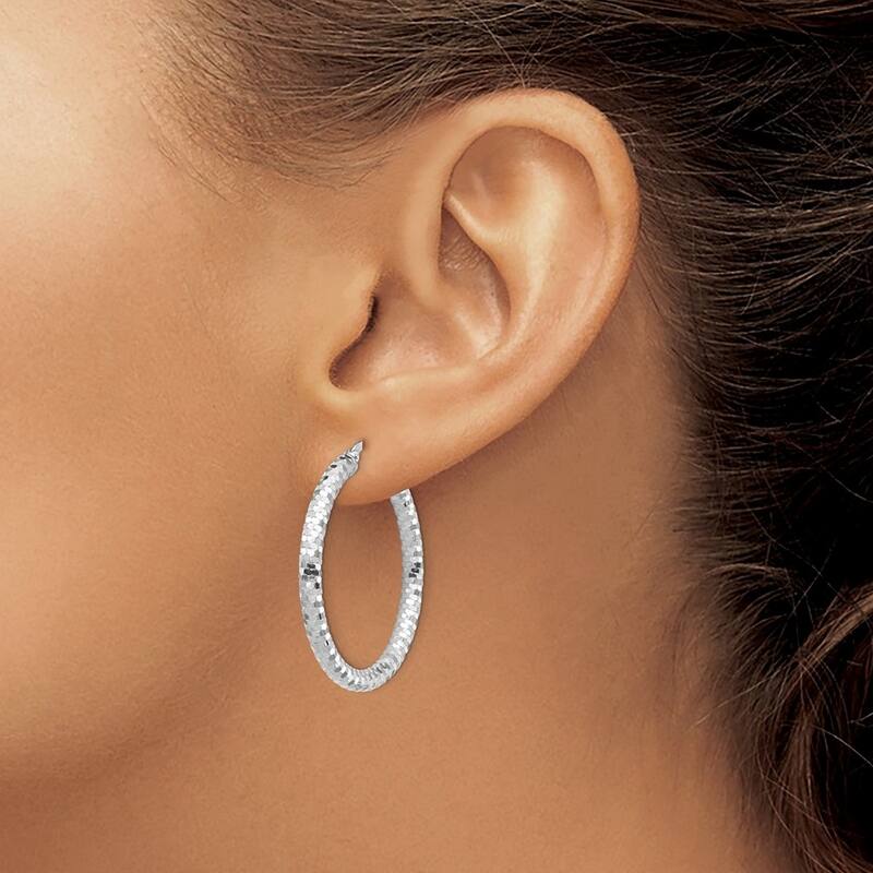 Curata 14k White Gold 3x25mm Sparkle Cut Hoop Earrings - 39.96x38.12mm Wide 3.21mm Thick