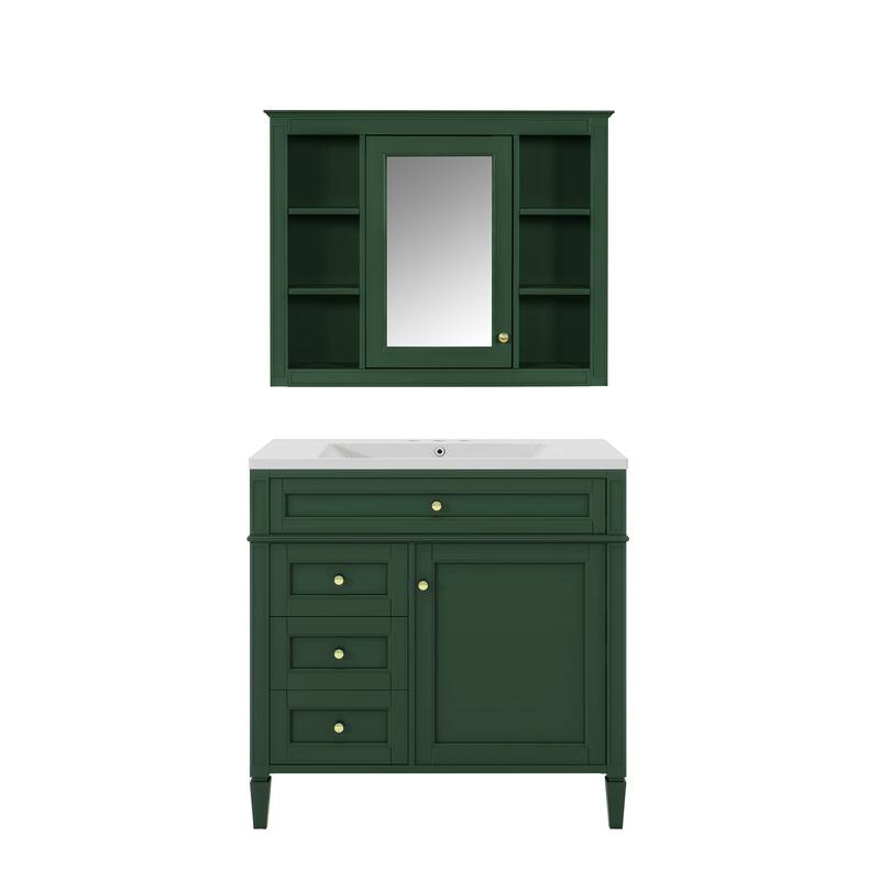36'' Bathroom Vanity Set with Mirror Cabinet, Modern Bathroom Storage Cabinet with 2 Soft Closing Doors and 4 Drawers