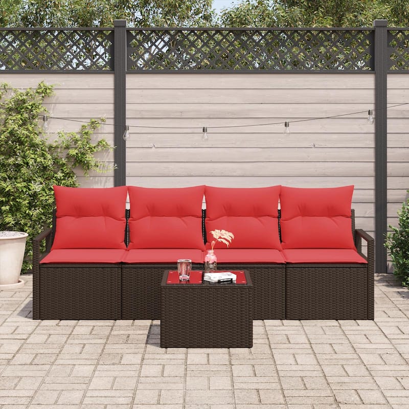 vidaXL 5 Garden Sofa Set with Cushions Black/Brown/Grey Poly Rattan - 68.9 x 24.4 x 27.2