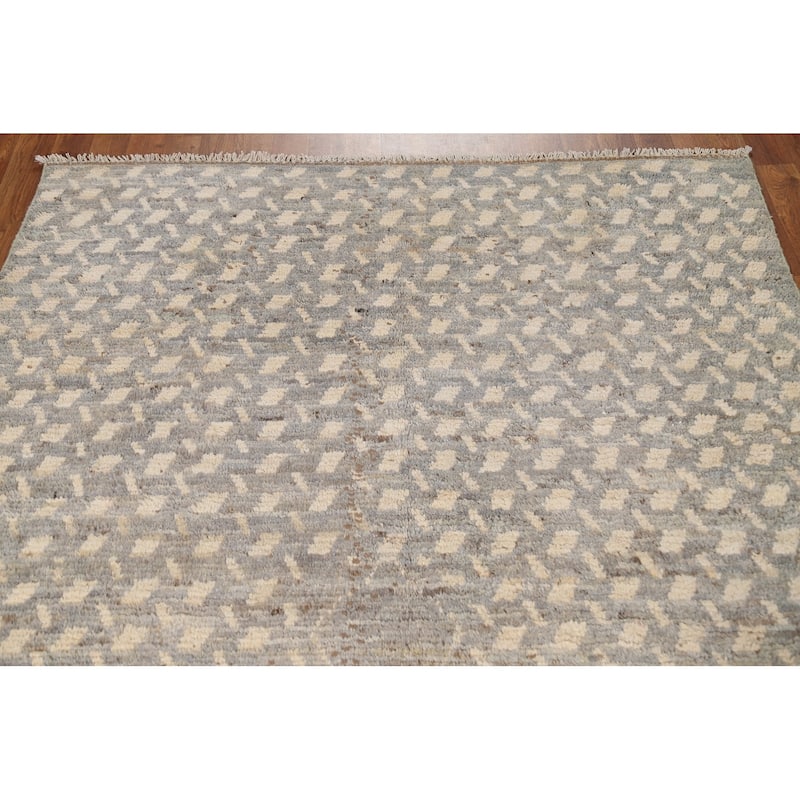 Hand Knotted Oriental 100% Wool Carpet Modern All-Over Greys & Charcoal Moroccan Area Rug - 7' 8'' X 5' 1''