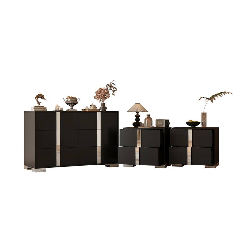 3-Pieces Sets, Elegant 6 Drawers Dresser And Two Nightstands, Storage Cabinet And Bedside Table With Metal Handles