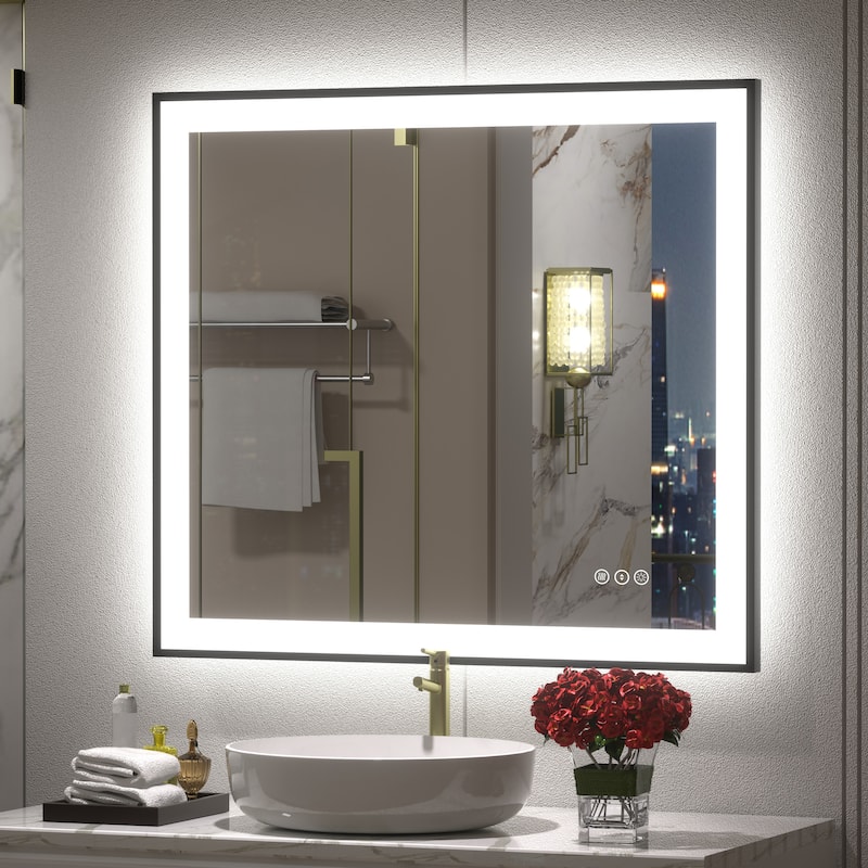 Front & Back LED Anti-Fog Tempered Glass Framed Bathroom/Vanity Mirror 3-Year Warranty - 36" x 32"-Square Corner - Black