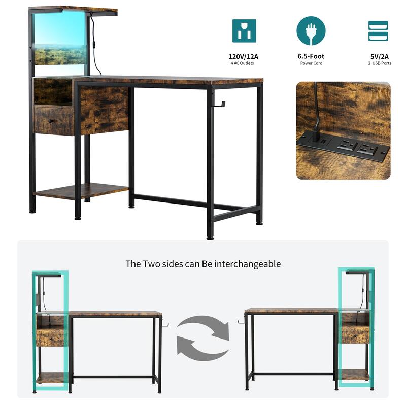 48" Study Writing Desk with Reversible Shelves, USB Charging Ports, LED Lights, and Drawer
