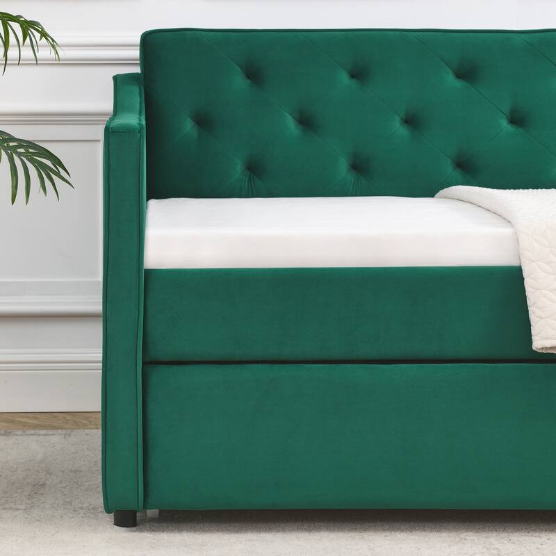 Roomfitters Twin Upholstered Daybed with Twin Trundle, Tufted Backrest and Elegant Waved Arms
