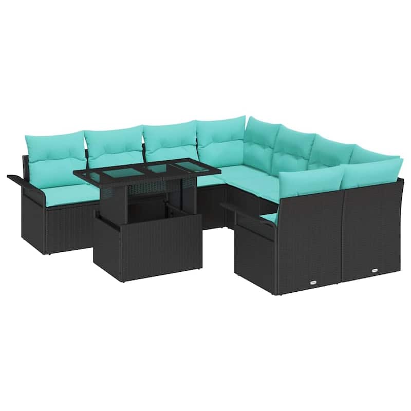 vidaXL 9 Garden Sofa Set with Cushions Black/Brown/Grey Poly Rattan - 95.5 x 92.1 x 27.2