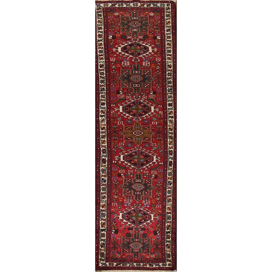 Tribal Geometric Gharajeh Persian Runner Rug Handmade Red Wool Carpet - 2'4"x 9'10"