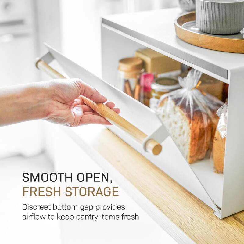 Yamazaki Home Bread Box, Steel and Wood, Holds 22.2 lbs - L 14.37 x W 16.93 x H 9.45 inches