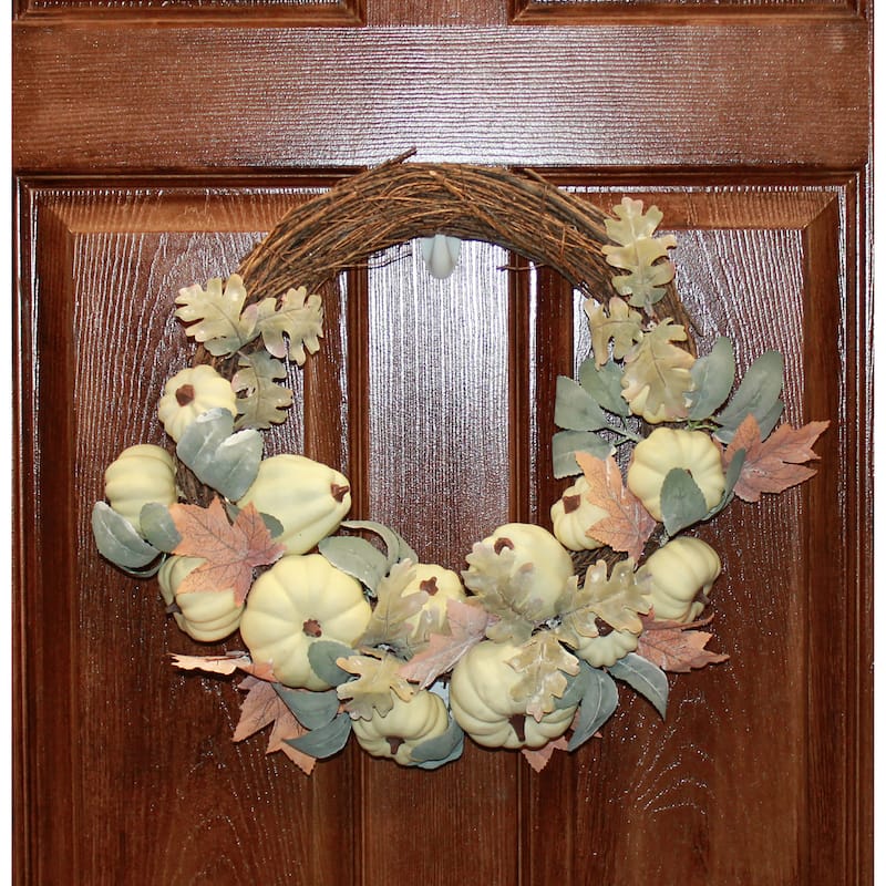 17" Artificial Fall Pumpkin and Leaves Half Wreath On Natural Twig Base - 17