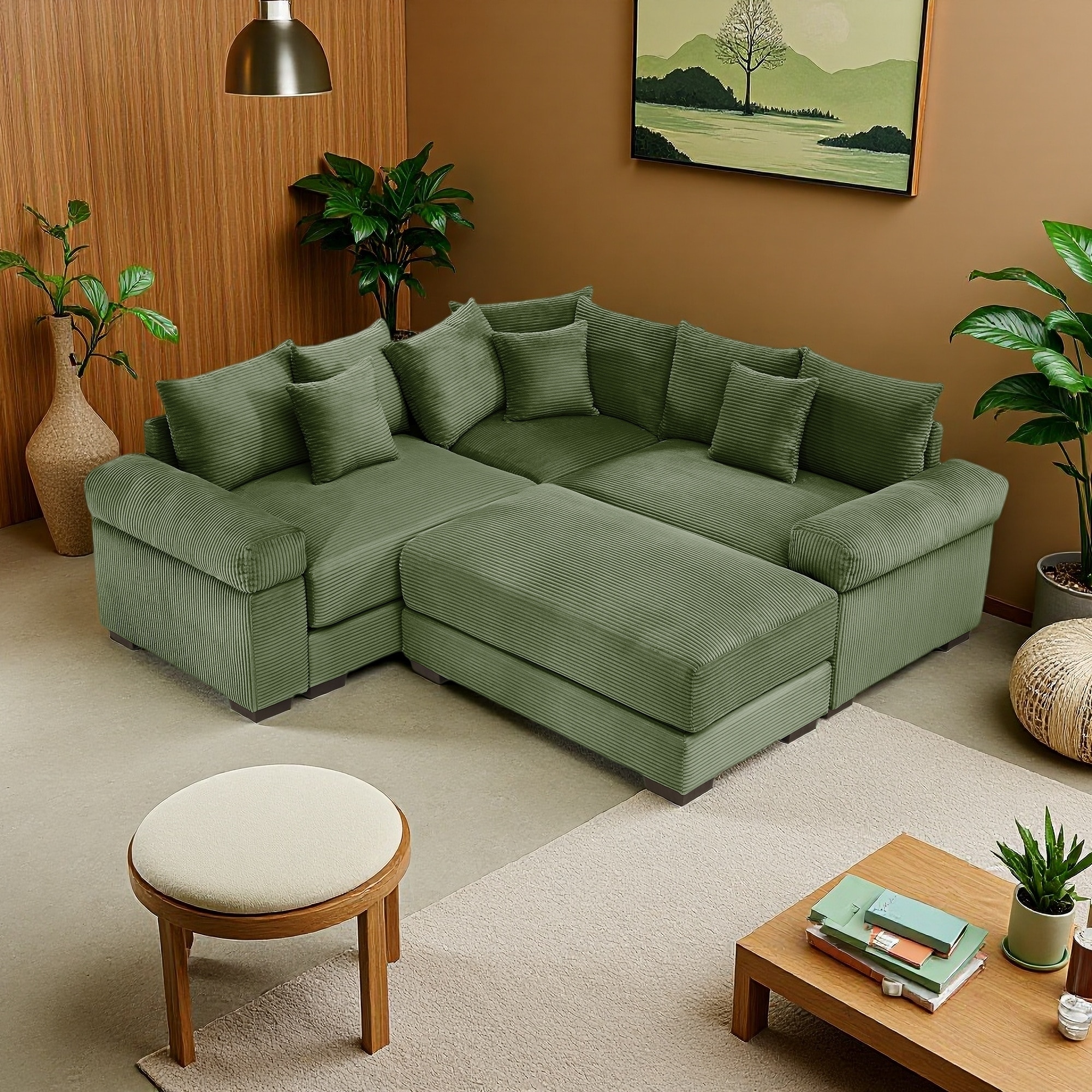 79" Corduroy Modular Cloud 3-Seater Sectional Sofa with 10 Pillows