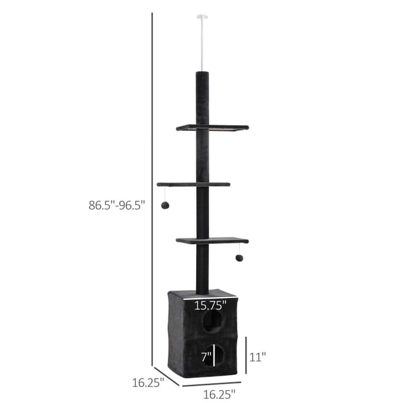 Grey-Black Multi-Level Cat Tree with Adjuastable Height and Long Lasting Plush Covers - 16.25" L x 16.25" W x 86.5"-96.5" H