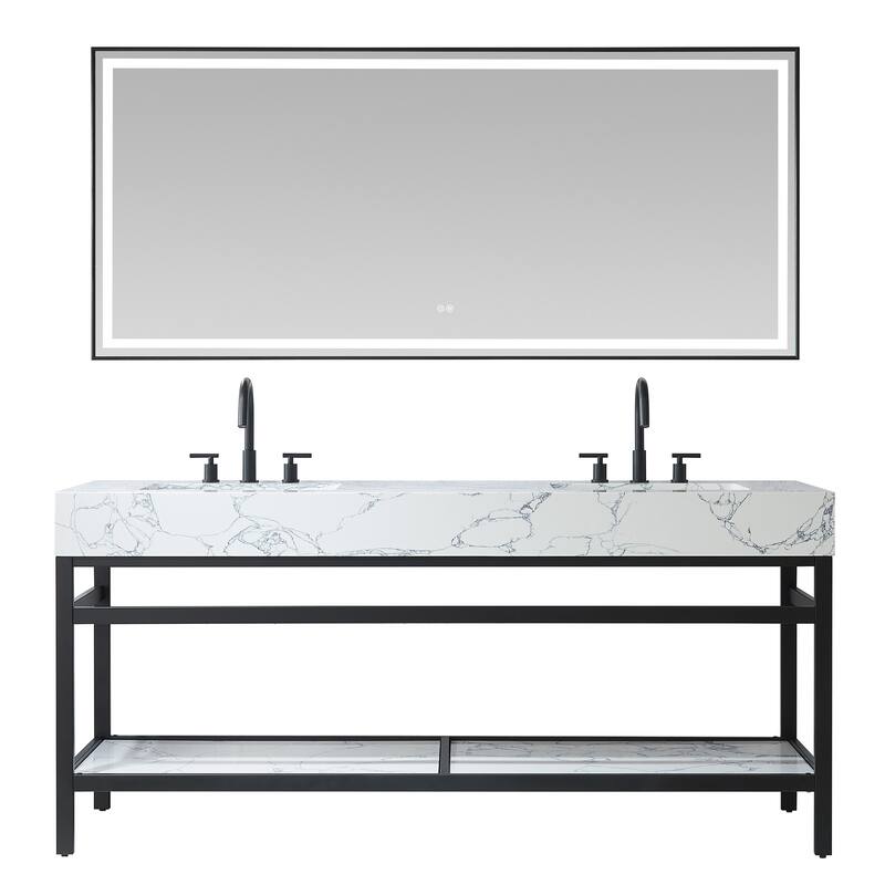 Ecija Bath Vanity, Metal Support with Composite Stone Top and Mirror - 72 in. - Matte Black